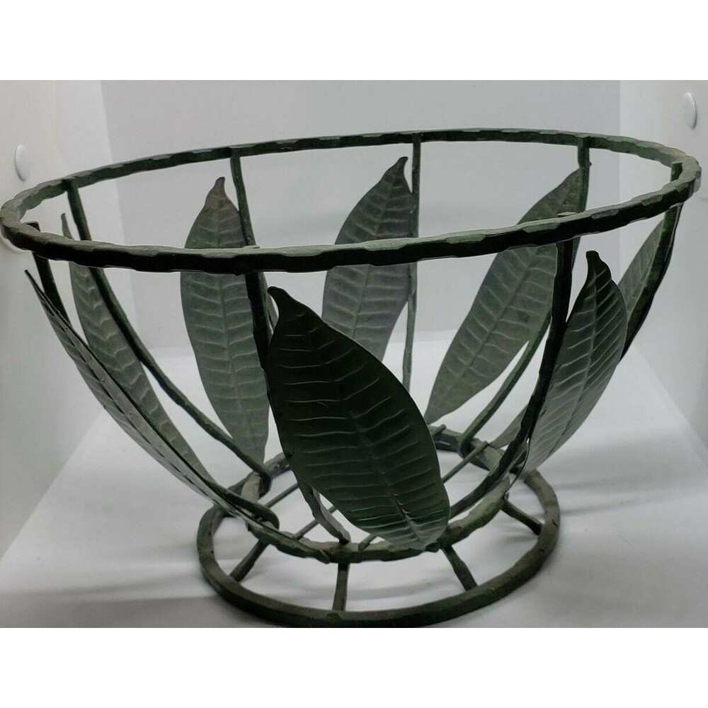 Wrought Iron Fruit Basket with green hand painted leaves ~Vintage~